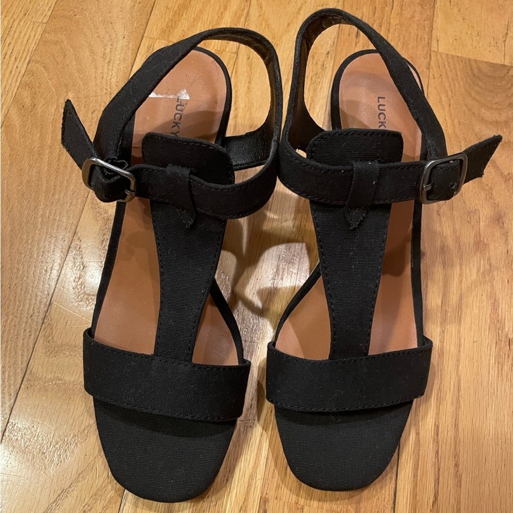 Lucky Brand Women’s Black Fabric Wedge Sandals Size 7.5